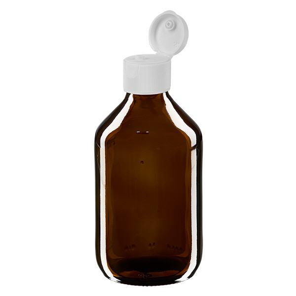 250ml Euro-medicijnfles / siroopfles bruin met witte klapsluiting 250ml Euro-medicijnfles / siroopfles bruin met witte klapsluiting
