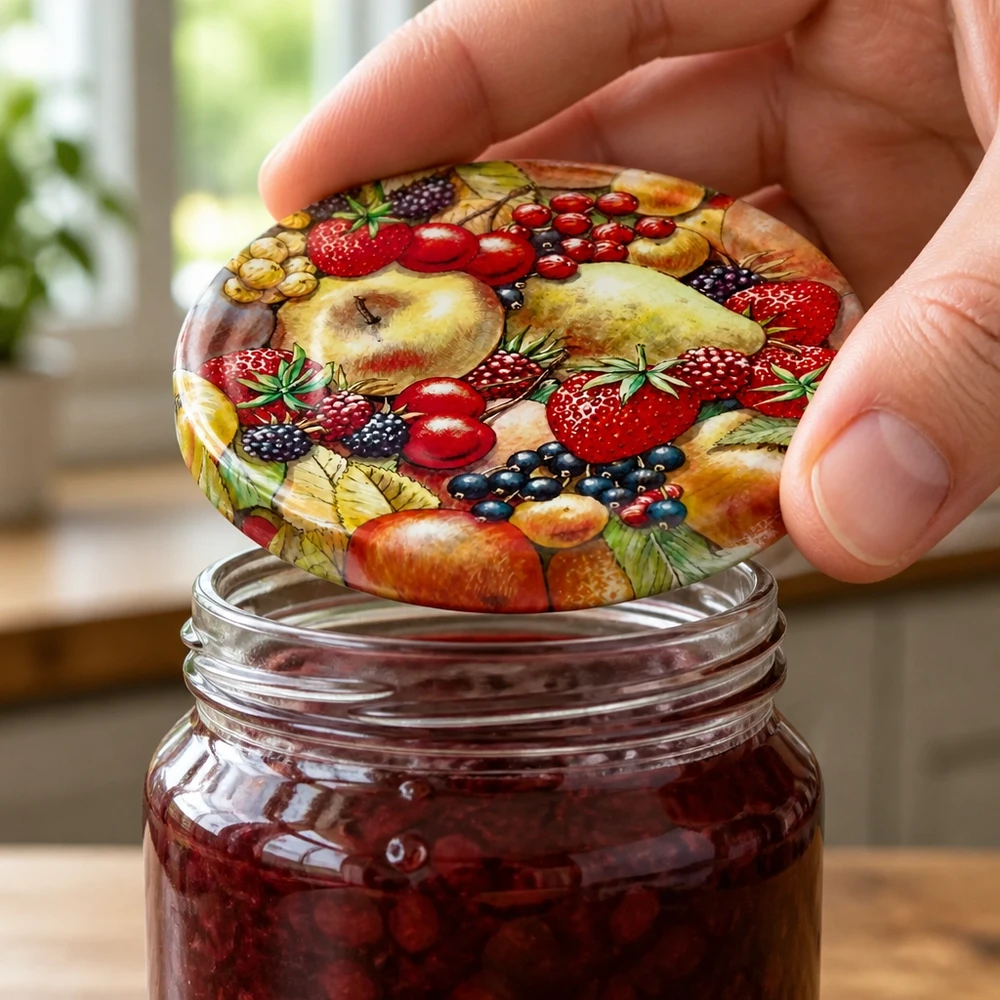 82 mm BasicSeal-deksel met fruitmotief (TO82) UNiTWIST Kleurrijke schroefdeksel met afbeelding van fruit, voor het inmaken van bessenjam en compote