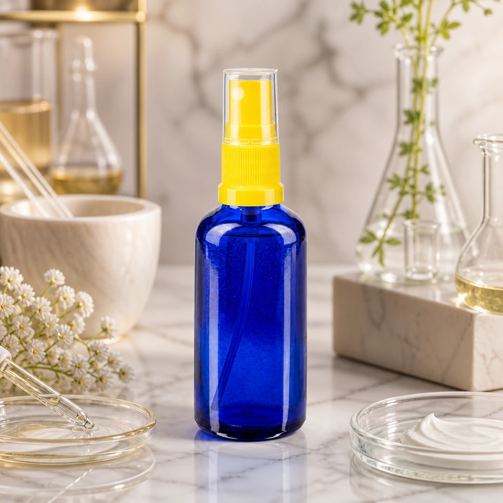 Blauwe glazen flessen 50ml met geel pompverstuiver Blauwe fles van 50 ml met een fijne verstuiver (geel) tussen een glazen kolven en cosmetica-monsters