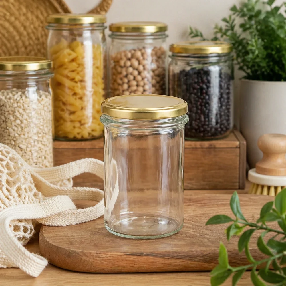 230ml bekers leeg BasicSeal deksel goud UNiTWIST in Zero Waste keuken met voorraadpotten en planten