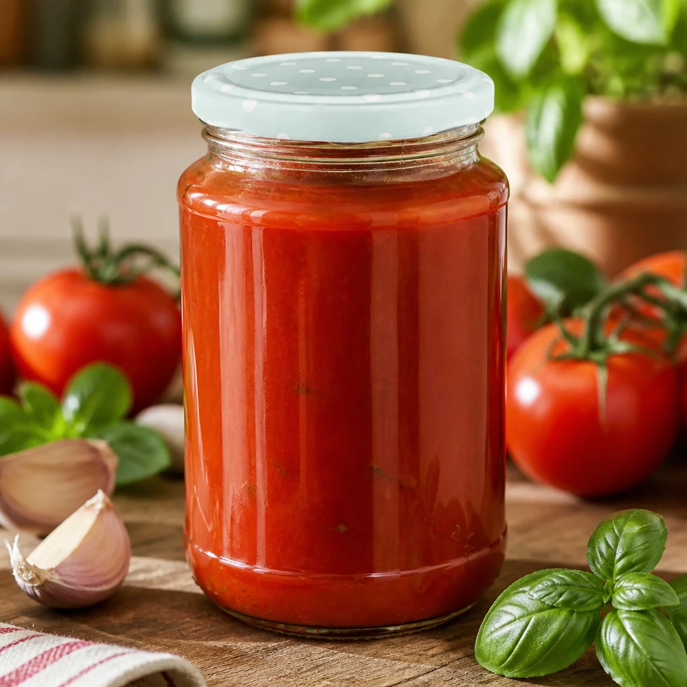 Italiaanse pastasaus bewaren met een rond glazen potje van 320 ml van UNiTWIST en een BasicSeal-deksel met stippen