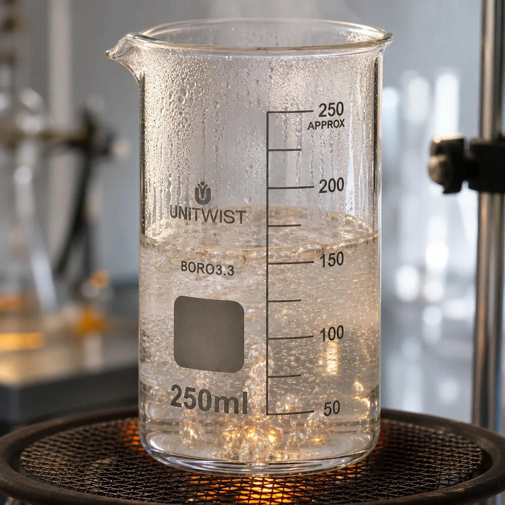 Verwarmd borosilicaat bekerglas van 250 ml met condenserende waterdruppels op de glaswand