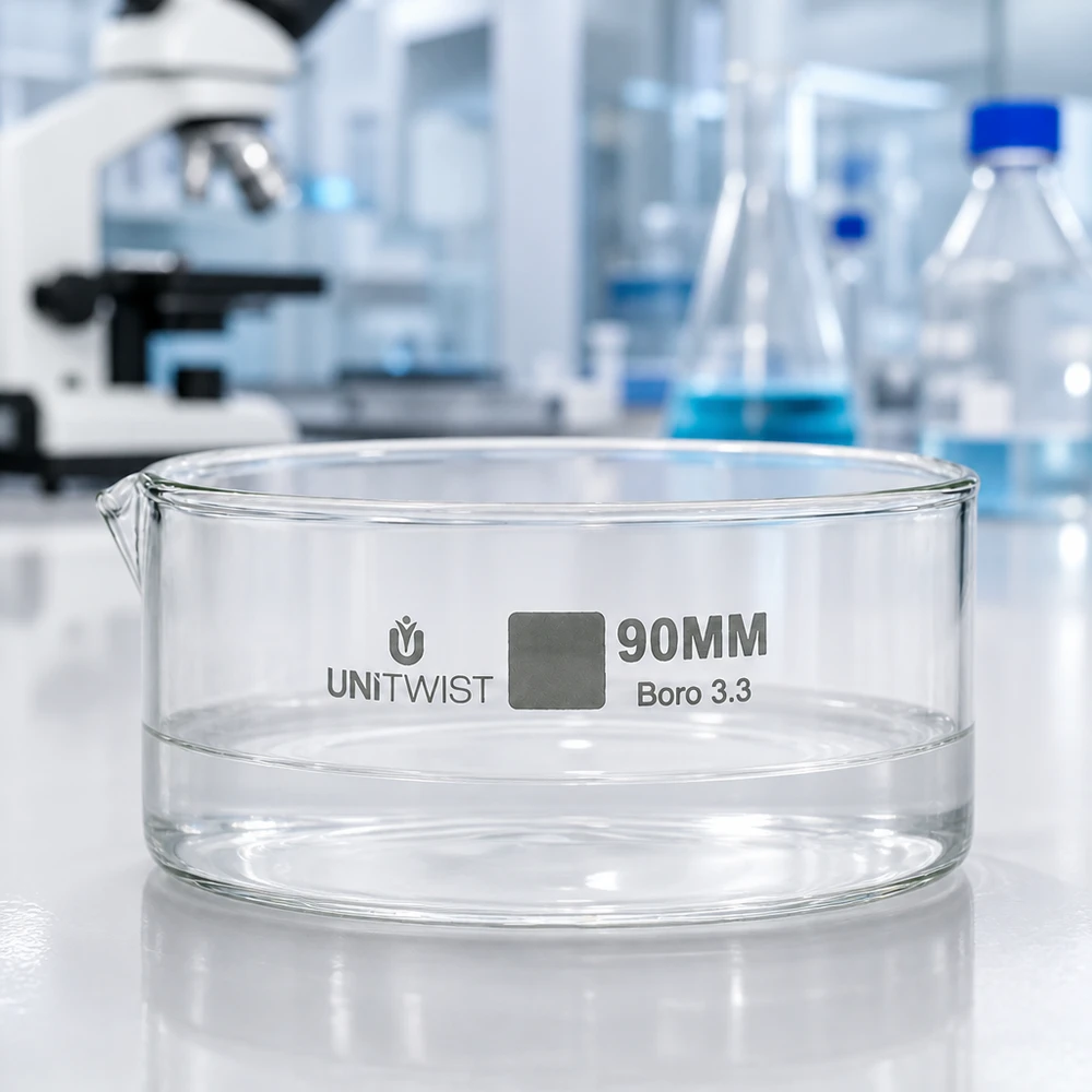 Productafbeelding Kristallisatieschaal 90 mm UNiTWIST witte laboratoriumtafel Glazen schaal met gegraveerd logo Boro 3.3