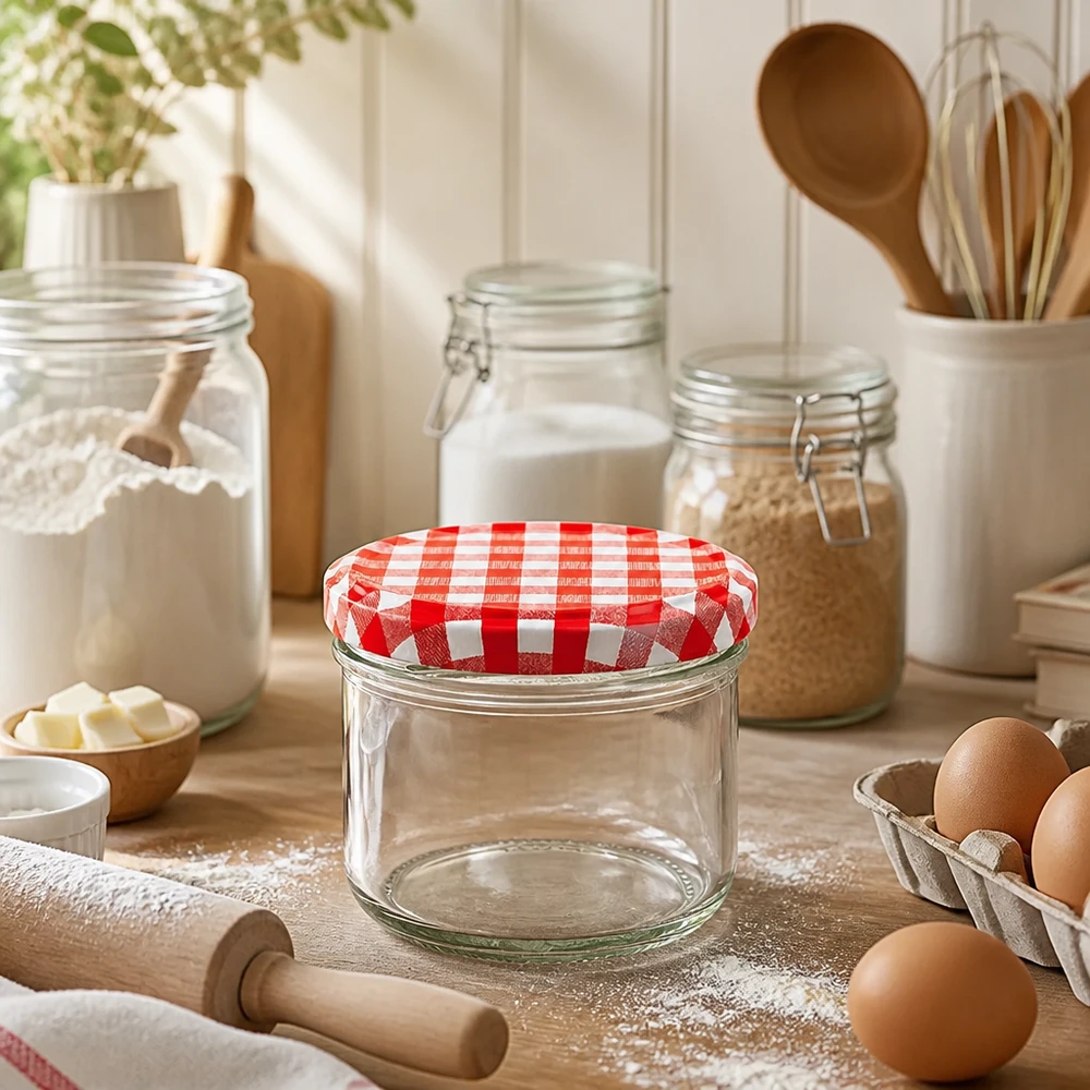 230ml cilindrische pot met BasicSeal deksel rood/wit UNiTWIST Lege 230 ml cilinderpot met rood en wit geblokt BasicSeal deksel in een natuurlijk keukentafereel met bakingrediënten