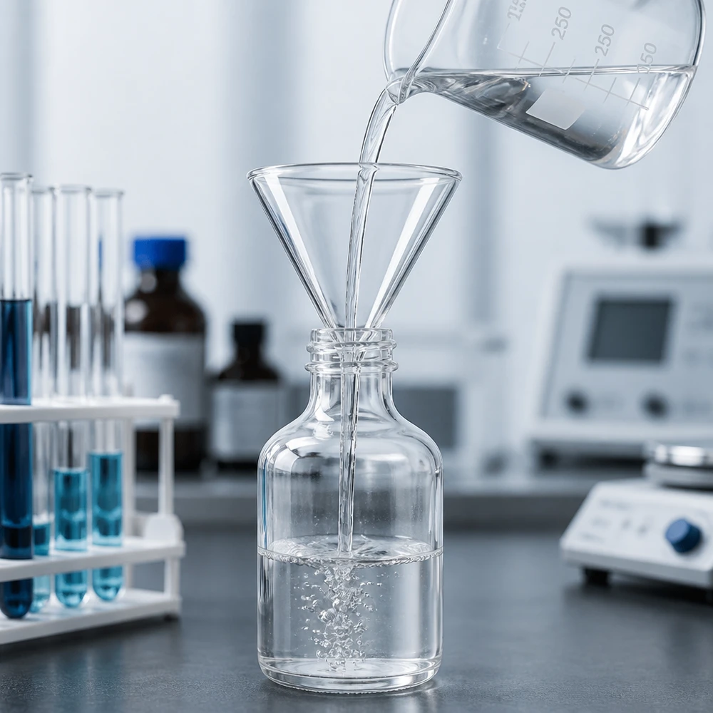 Laboratoriumtrechter met korte steel, 100 mm, van robuust kalk-sodaglas voor chemische toepassingen en analyses