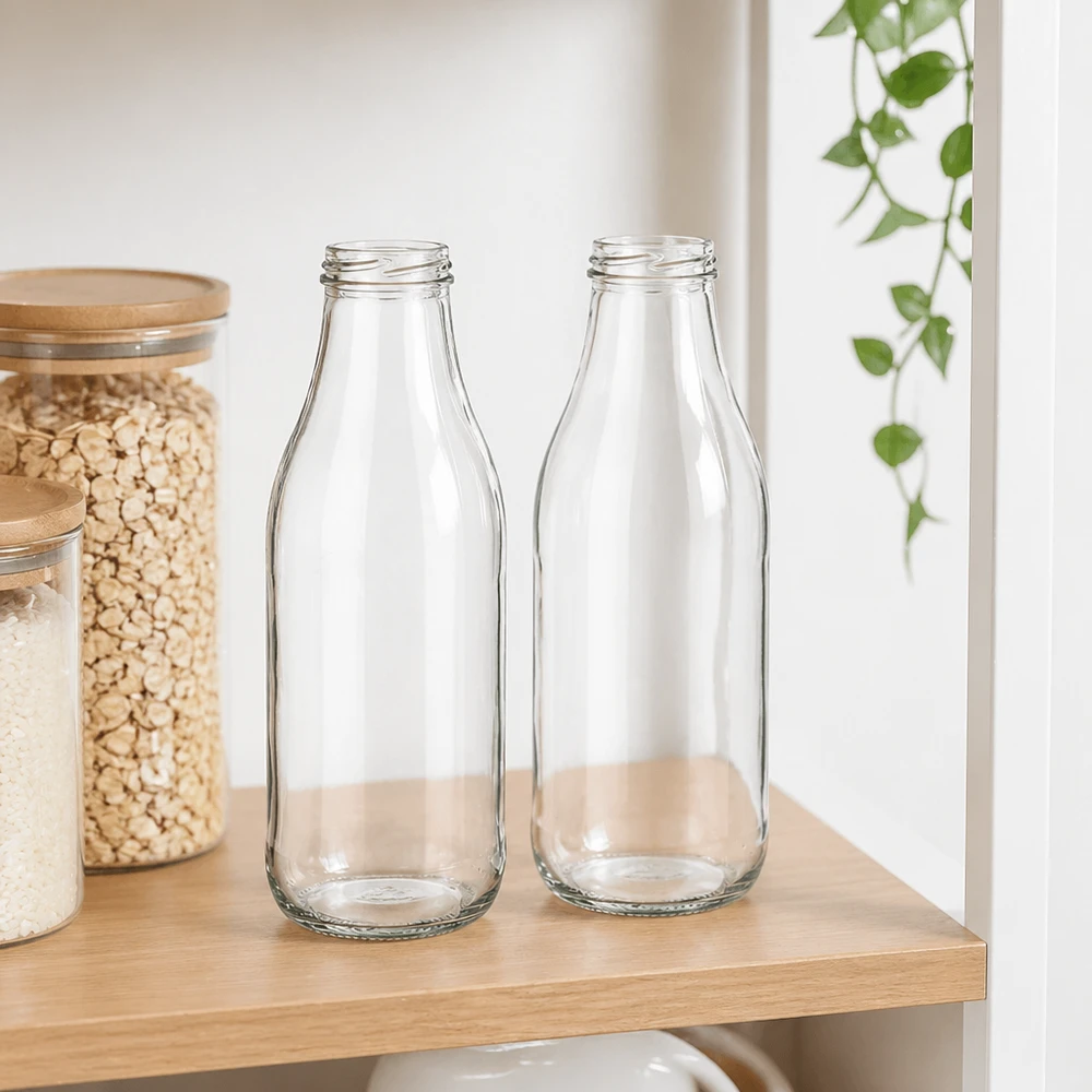 1000ml glazen flessen TO48 UNiTWIST twee lege melkflessen op houten plank in moderne keuken met voorraadpotten