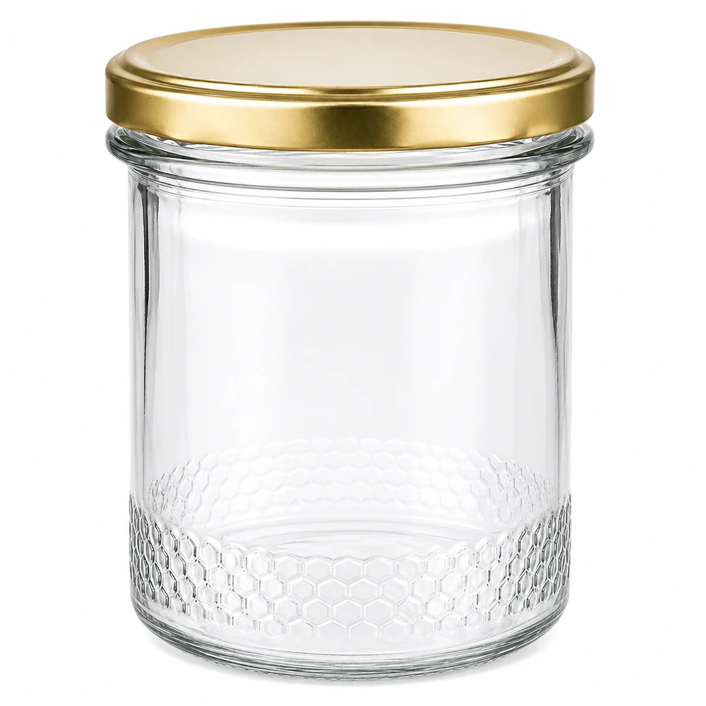 400ml honingpot leeg met gouden BasicSeal UNiTWIST deksel en honingraatpatroon op de bodem