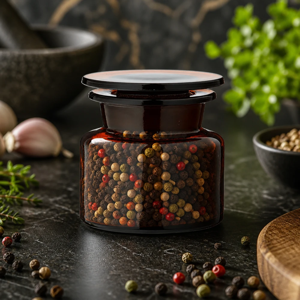 Apothekersflesje van bruin glas, 50 ml, met glazen stop, gevuld met rode, zwarte en groene peper