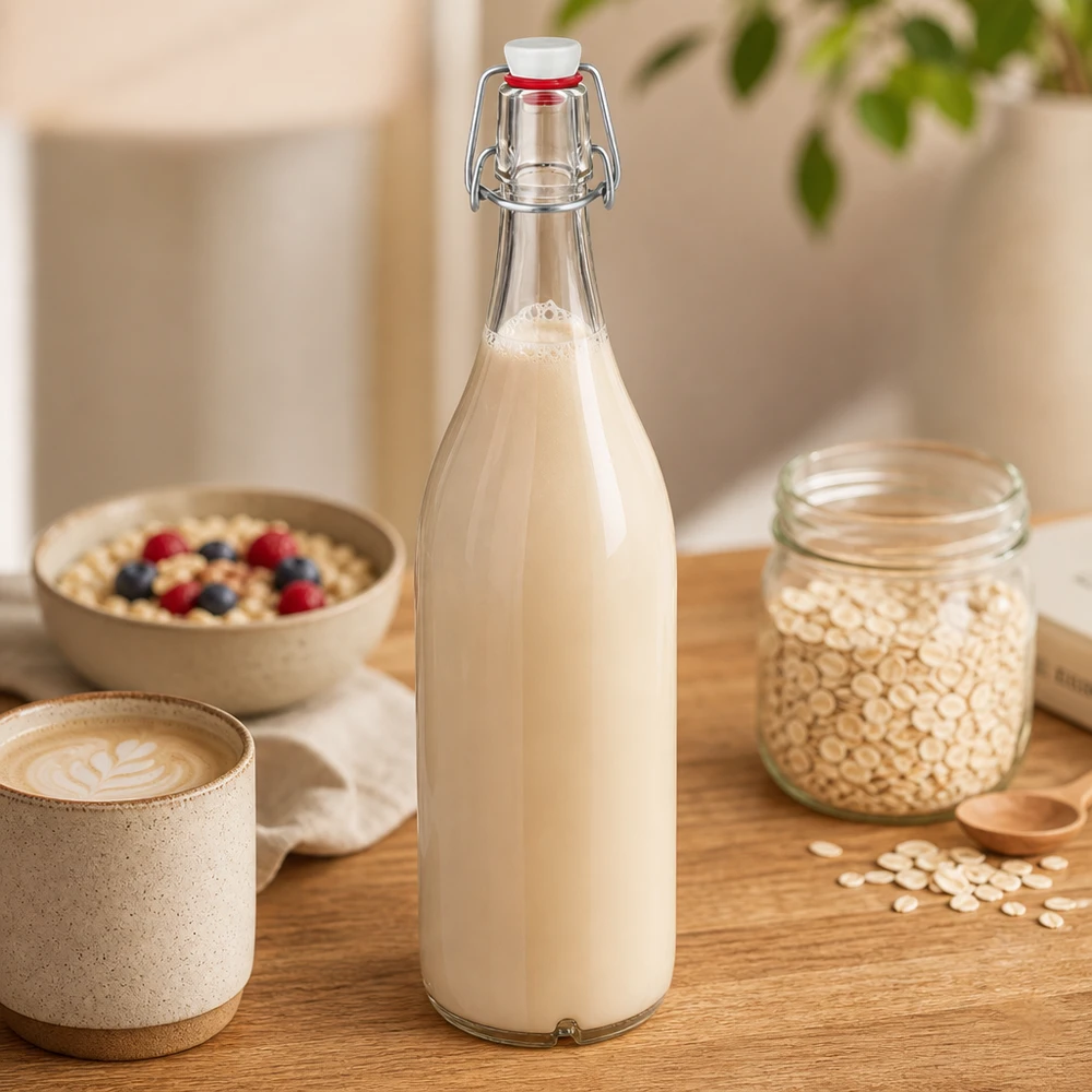 1000ml glazen fles met draaidop gevuld met havermelk naast havermout en ontbijtschaal op houten tafel