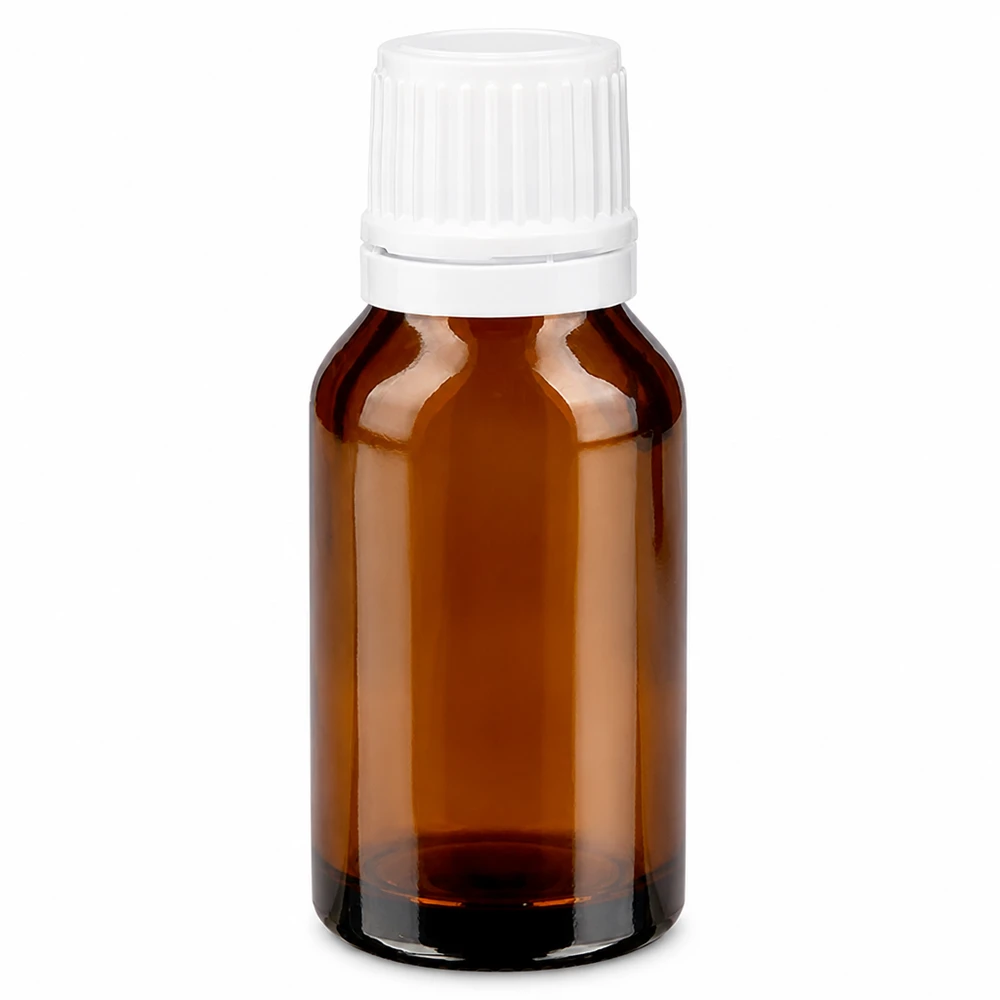 Apotheekflesje van bruin glas, 15 ml, met witte schroefdop en originaliteitsvergrendeling