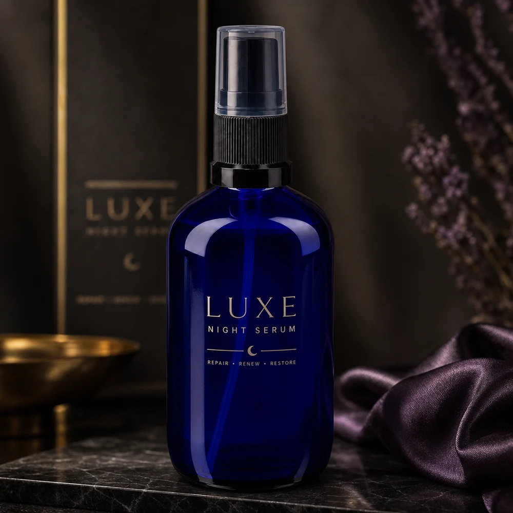 Blauwe glazen flessen 100ml met zwart pompverstuiver Donkerblauwe glazen fles van 100 ml met een doorzichtige beschermdop en een gouden etiket, als nachtserum