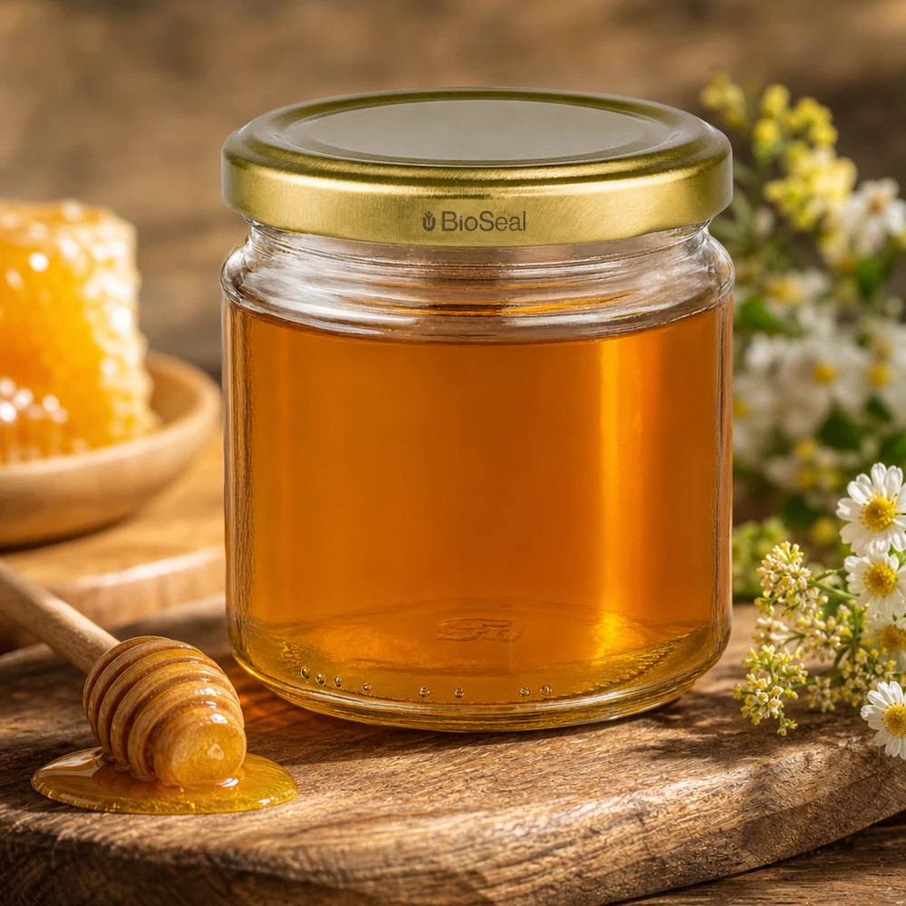 UNiTWIST ronde pot 212ml met gouden TO66 BioSeal deksel gevuld met honing naast raathoning en bloemen