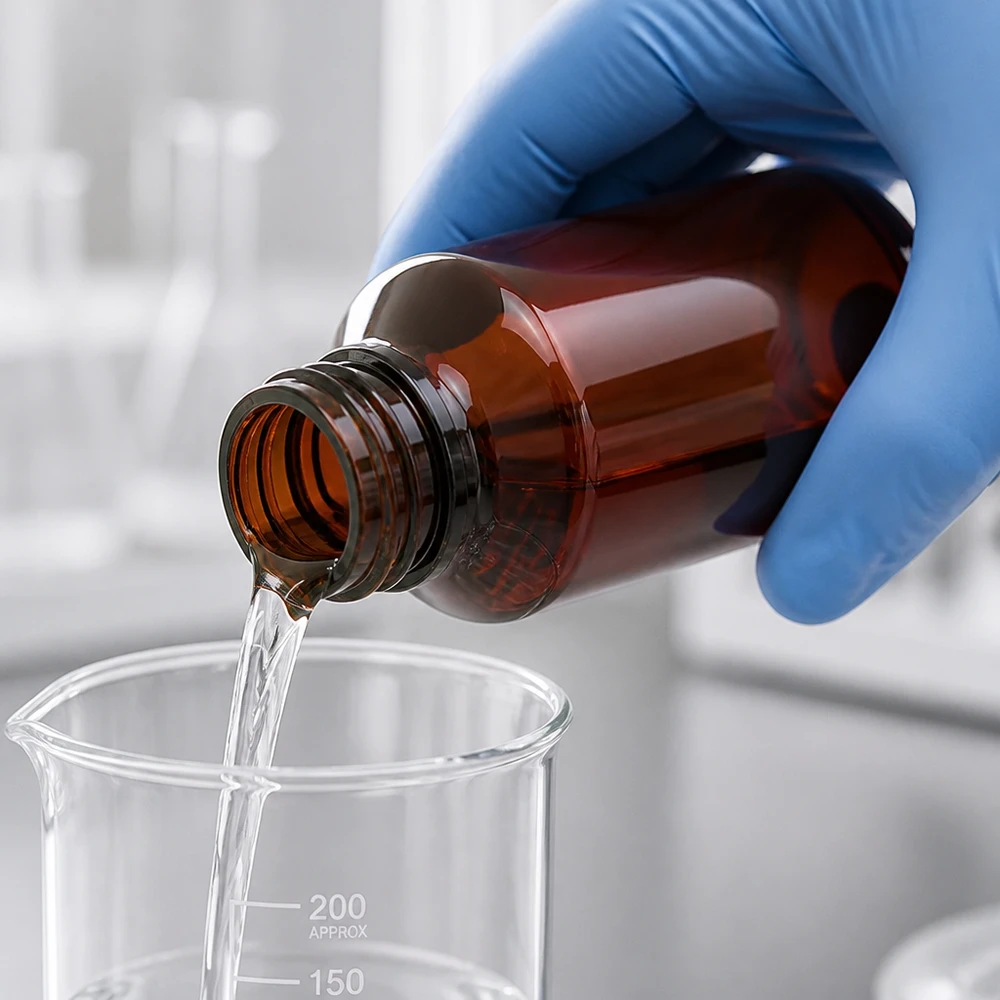 PET-fles 100ml met bruine dop Standaard Braune PET Flasche 100ml mit weitem Schraubgewinde beim kontrollierten Ausgießen in Messgefäß