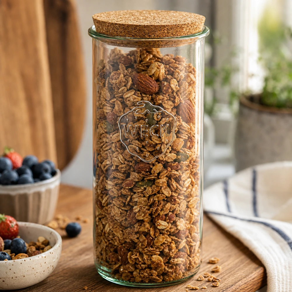 WECK bekers 1500ml gevuld met muesli noten kurk deksel keuken tafereel houten tafel ontbijt opslag