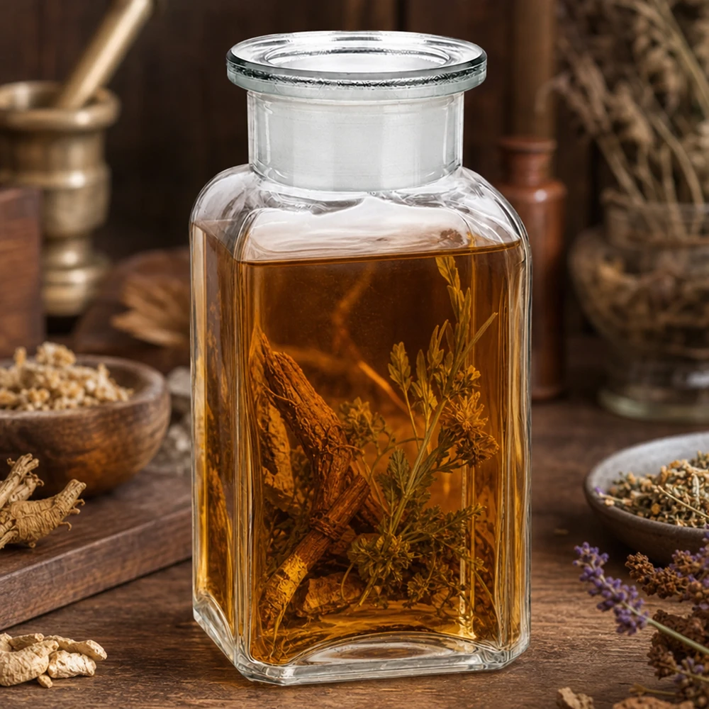 Glazen fles met stop, 100 ml, met brede hals, vierkant, met plantaardig macerataat en botanische ingrediënten