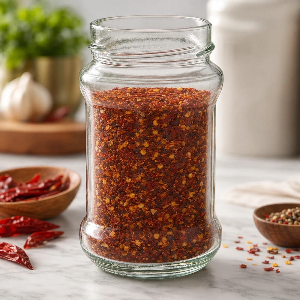 Ronde pot 390ml gevuld met chilikruidenmix UNiTWIST Runda390 TO66deep glazen pot voor keuken en opslag