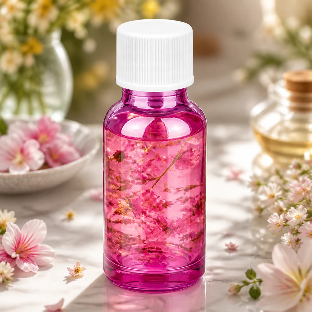 Decoratief paars glazen flesje van 20 ml met wit deksel, ideaal voor doe-het-zelf cosmeticaprojecten