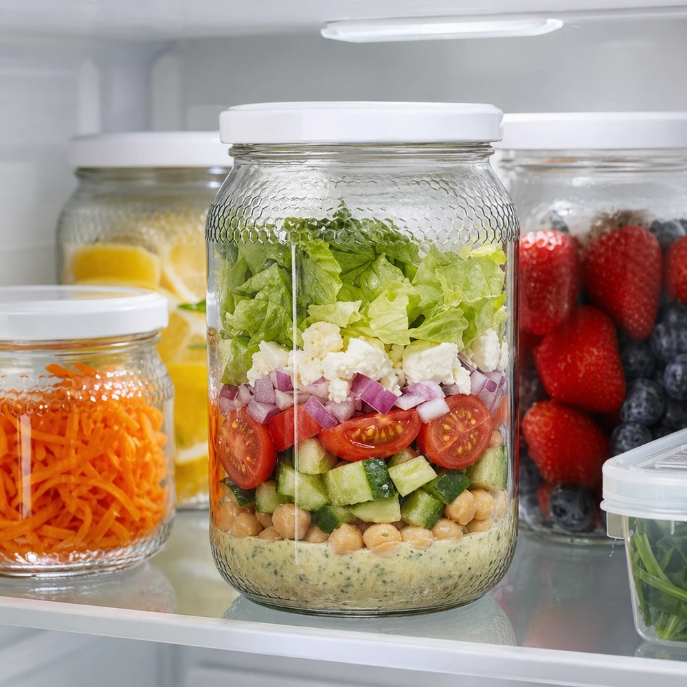 Honingpot 900ml als maaltijd prep salade pot in de koelkast gevuld met gelaagde salade BasicSeal deksel UNiTWIST