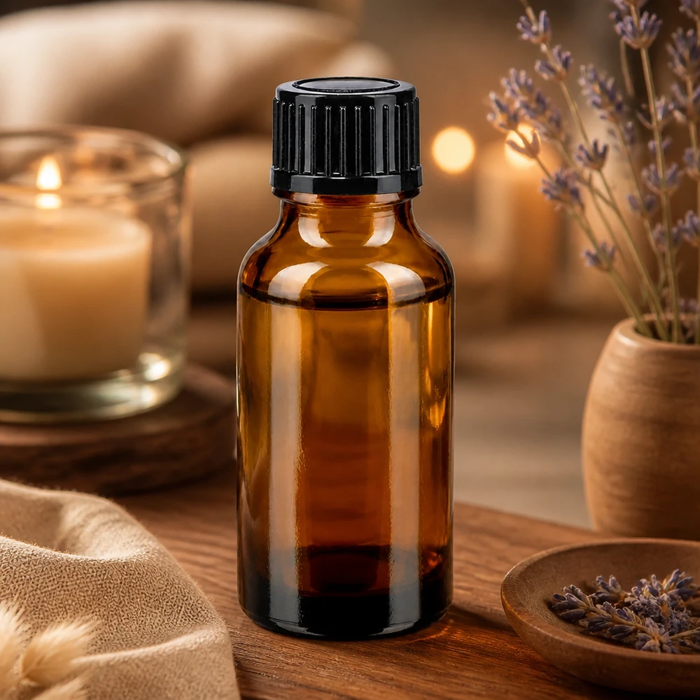Apoflesje van 20 ml van bruin borosilicaatglas met een matzwarte kunststof dop in een spa-omgeving