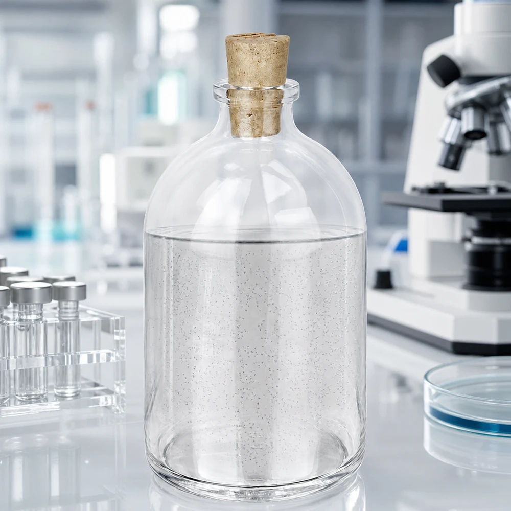 Injectiefles helder glas 100ml met kurk 11/14mm Verschlossene Klarglasflasche 100ml mit Korken 11/14mm und milchig weißem Laborinhalt