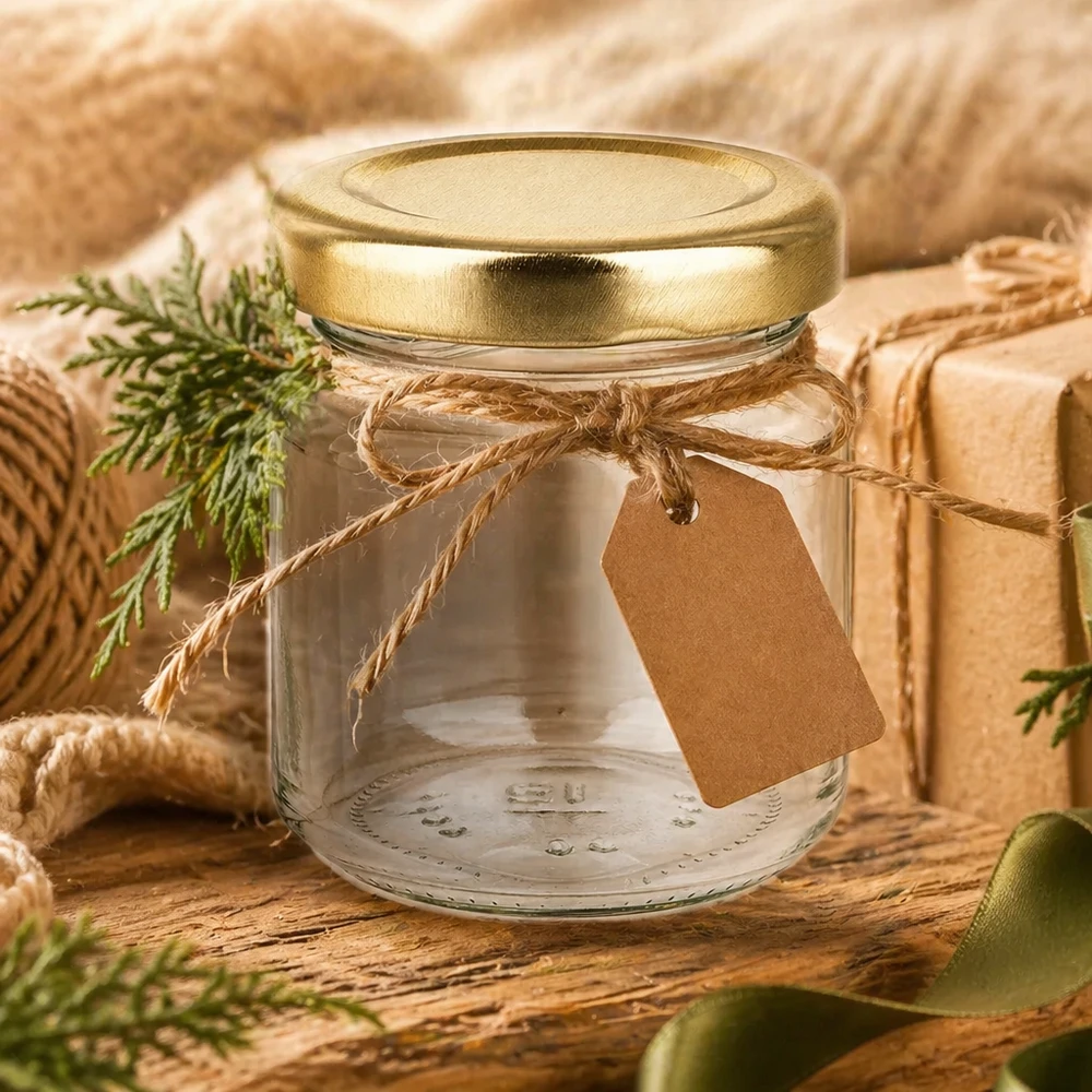 53 ml ronde pot UNiTWIST met gouden deksel als cadeau-idee versierd met raffia lint en hanger