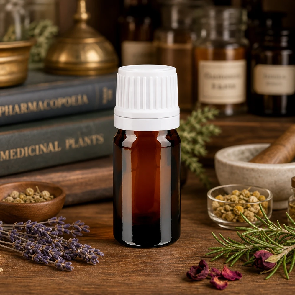 Lichtbestendige fles van 5 ml in amberkleur met een witte dop van 11 mm voor natuurgeneeskunde