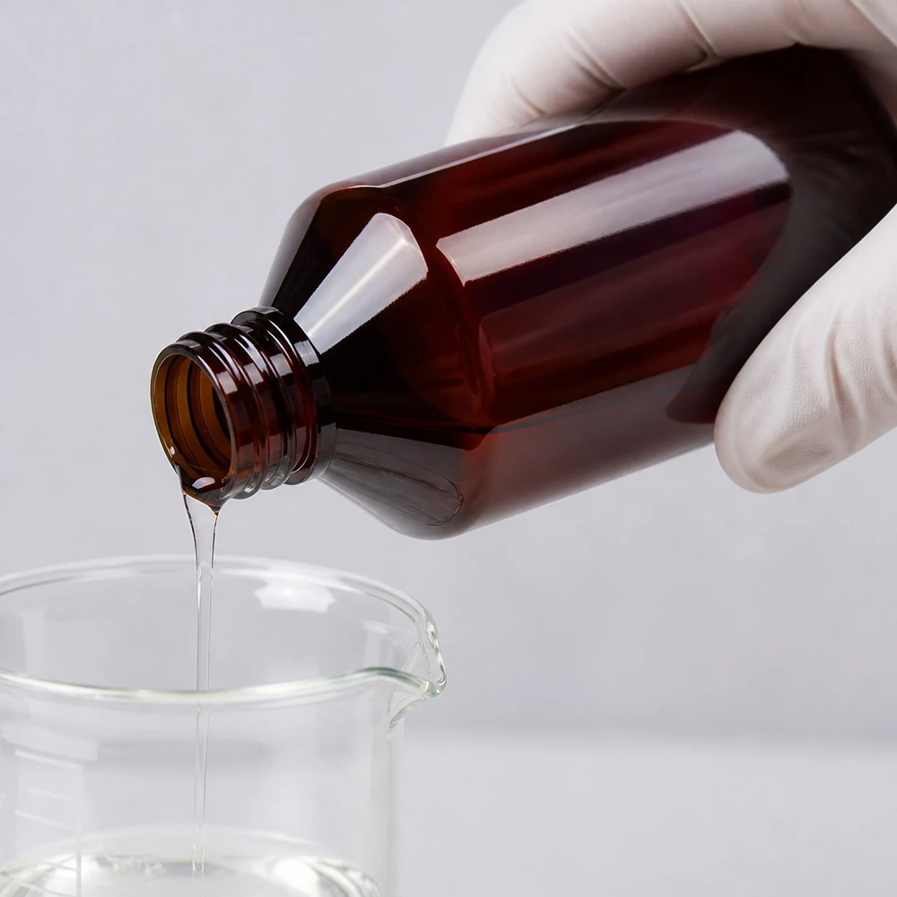 Bruine PET-fles van 1000 ml met smalle uitgietopening en rode dop voor laboratoriumvloeistoffen