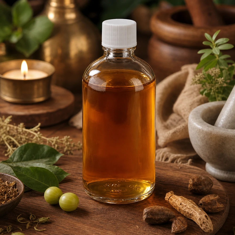 Ayurvedische kruidenolie in een ClearLine UT18-fles van 100 ml van helder glas met veiligheidsdop
