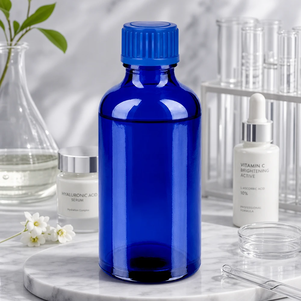 50ml flacon 11mm SV blauw STD BlueLine UT18/50 Navulbare blauwe glazen fles 50ml STD BlueLine voor milieubewuste opslag van cosmetica
