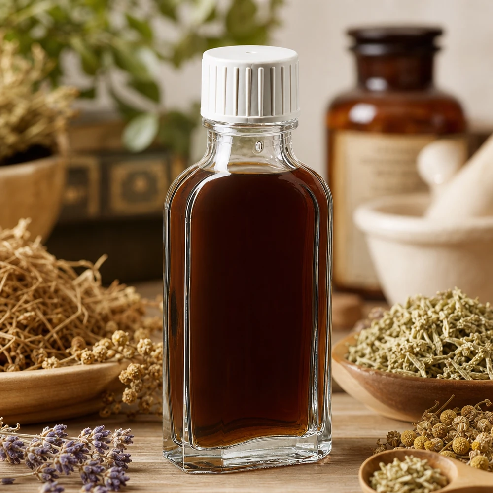 Meplat-flesje van 50 ml van helder glas met schenkrand voor etherische oliën en essences