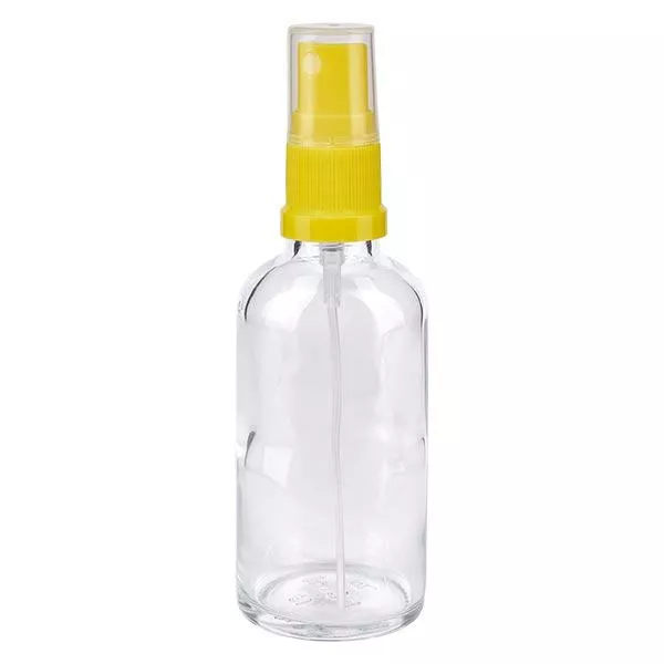 Helder glazen flessen 50ml met geel pompverstuiver Helder glazen flessen 50ml met geel pompverstuiver