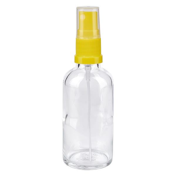 Helder glazen flessen 50ml met geel pompverstuiver Helder glazen flessen 50ml met geel pompverstuiver