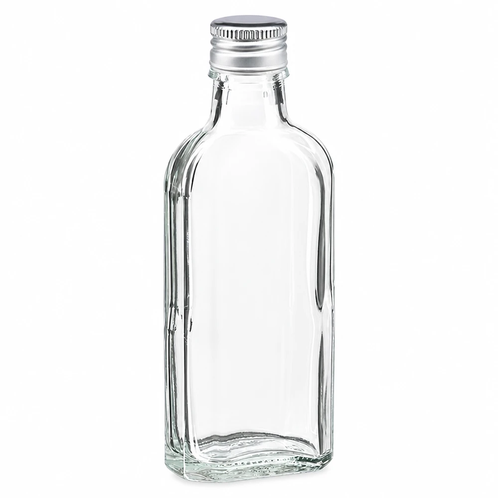 Lege glazen fles van 100 ml, Meplat, met zilverkleurige aluminium dop PP22, ideaal voor sterke drank