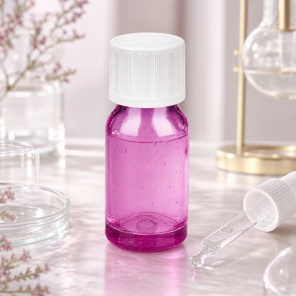 10ml druppelflesje van transparant paars materiaal met witte veiligheidsdop