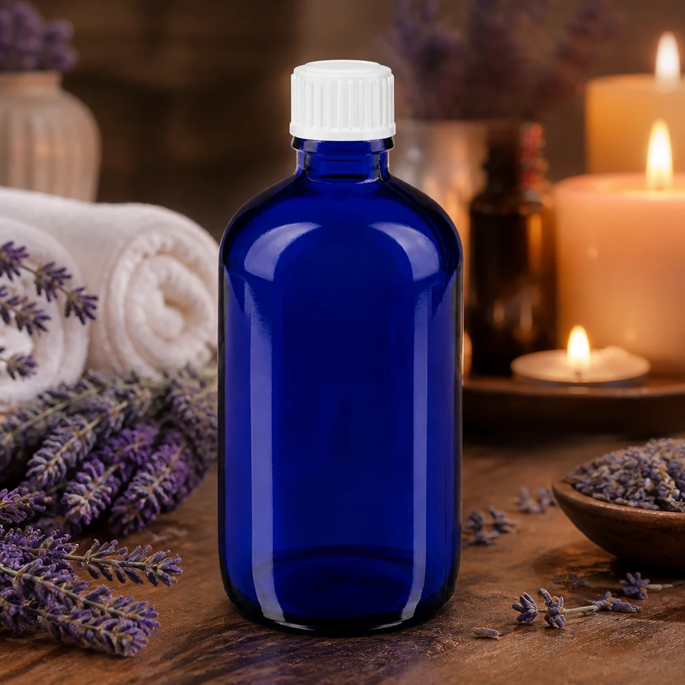Blauwe glazen medicijnfles van 100 ml met UV-bescherming en witte draaisluiting voor aromatherapie