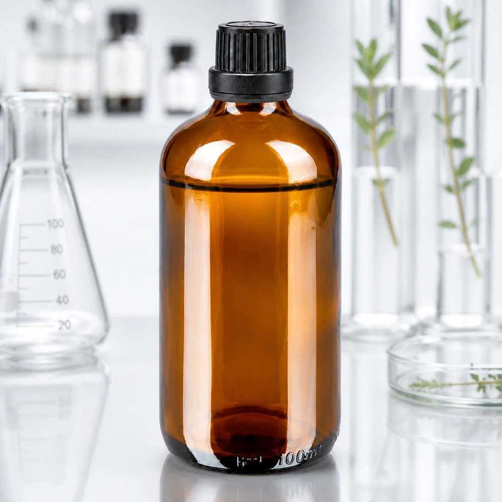 ApoGlas-druppelfles van 100 ml met een inzetstuk van 2 mm, naast plantenextracten en laboratoriumglaswerk