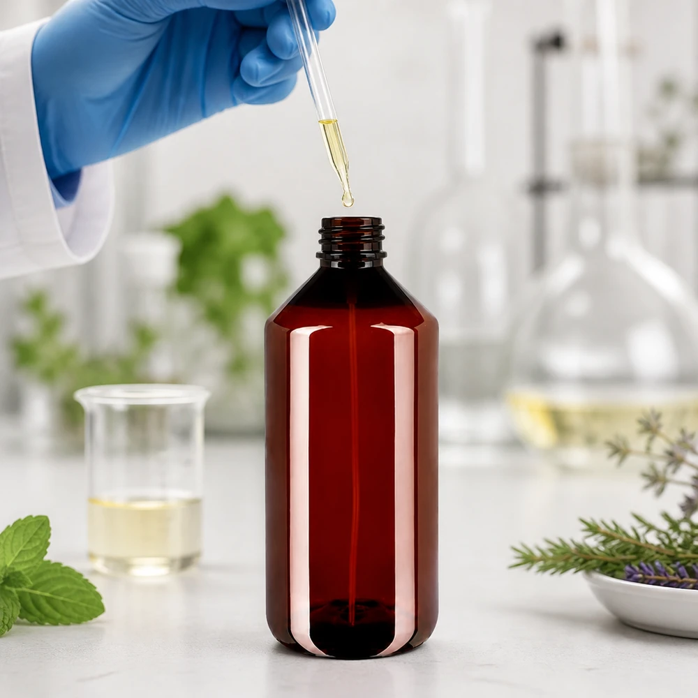 1000 ml PET medicijnfles met verstuiver wit GCMI 28/410 incl. dop transparant, standaard Stevige bruine PET-kunststof fles van 1 liter, licht en breukvast, voor gebruik in laboratoria en de cosmeticasector