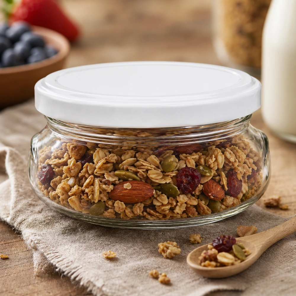 120 ml terrine met wit deksel gevuld met notenmix en gedroogd fruit op een rustieke houten plank met lepel