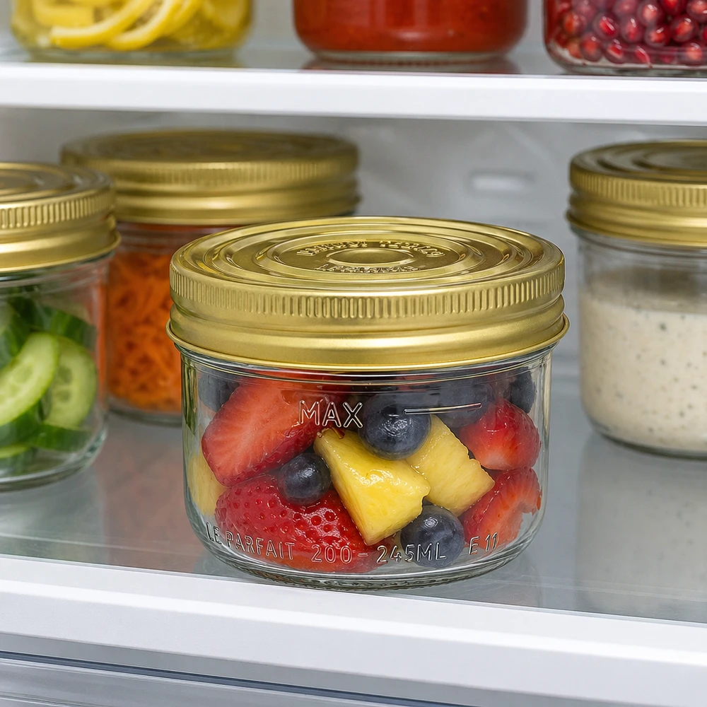 245ml Familia Wiss bekers met gouden deksel gevuld met fruit in de koelkast