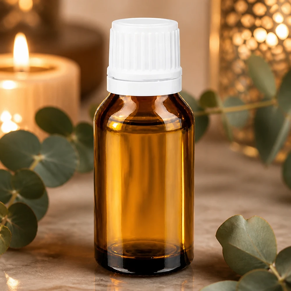 Medicijnflesje van bruin glas, 15 ml, witte dop, UV-bescherming, apotheekglas