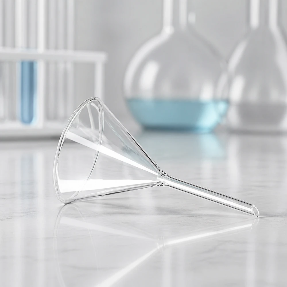 Een trechter van kalk-soda-glas met een scherpe hoek van 60 graden en een diameter van 10 cm voor efficiënt filteren