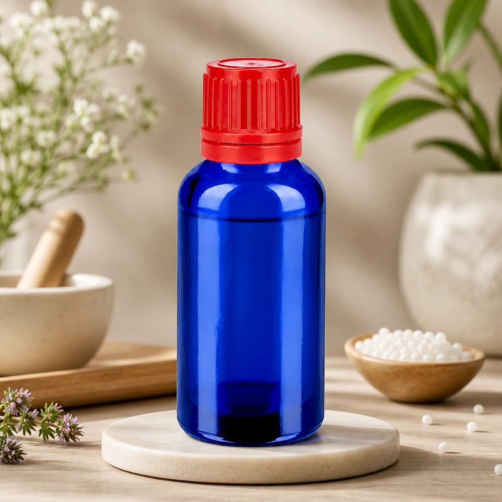 30ml fles 11mm SV rood OV BlueLine UT18/30 Lichtbeschermd glazen flesje van 30 ml, ideaal voor gevoelige stoffen en natuurlijke producten