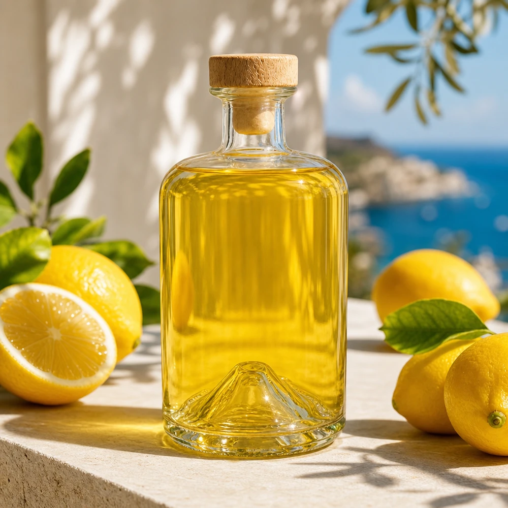 500 ml apothekersfles Sofia met houten handgreep en kurk UNiTWIST® 500ml Glasflasche Sofia mit Holzkorken gefüllt mit gelbem Öl zwischen Zitronen in mediterraner Küche