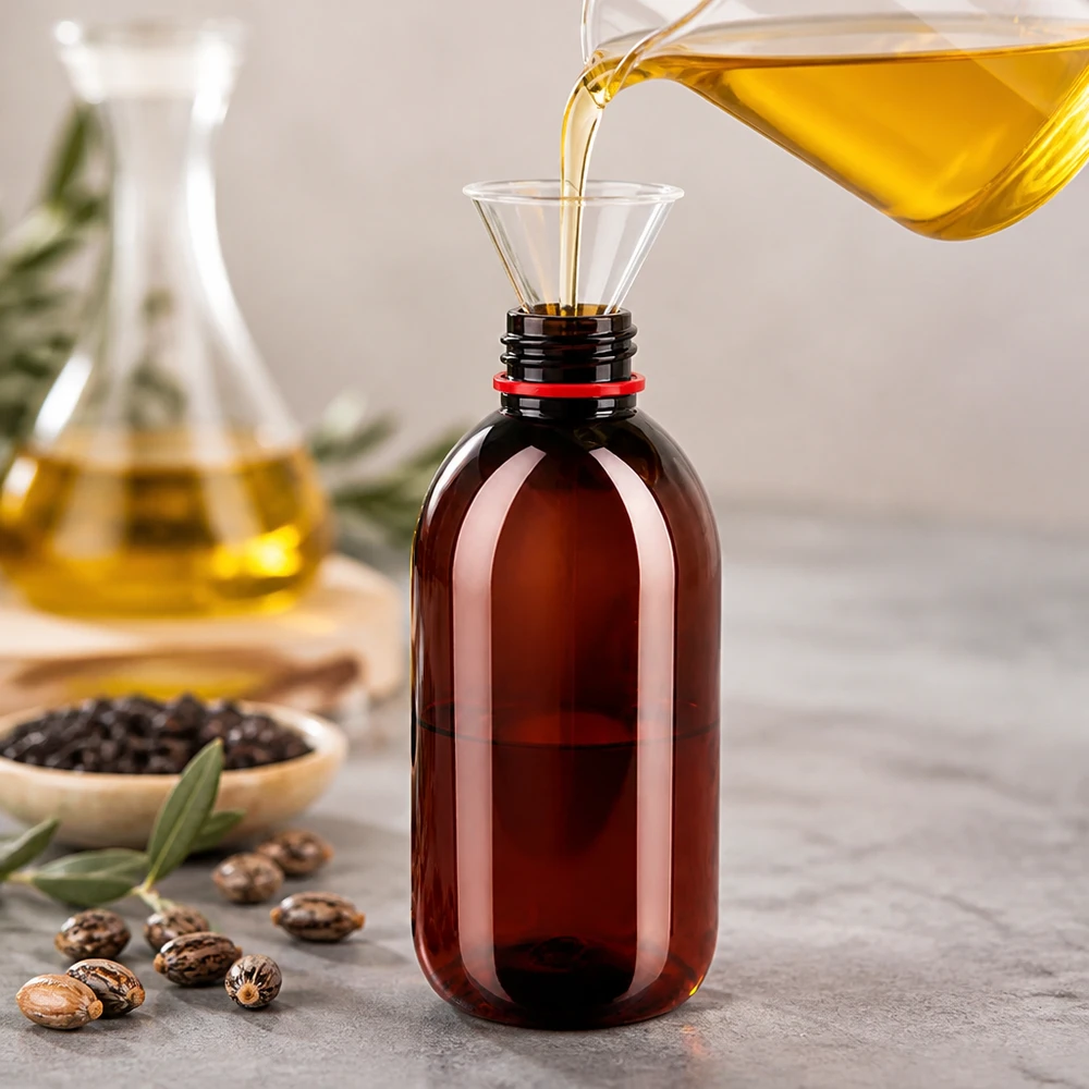 PET-fles 250ml met wit/rode dop OV Kleine oliefles van 250 ml van amberkleurig PET met veiligheidsdop en trechter