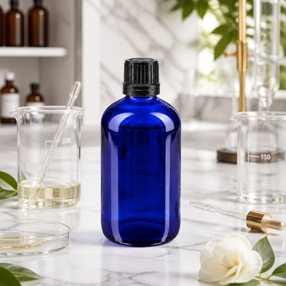 Ronde blauwe glazen fles van 100 ml met een zwarte schroefdop van 8 mm voor oliën en tincturen