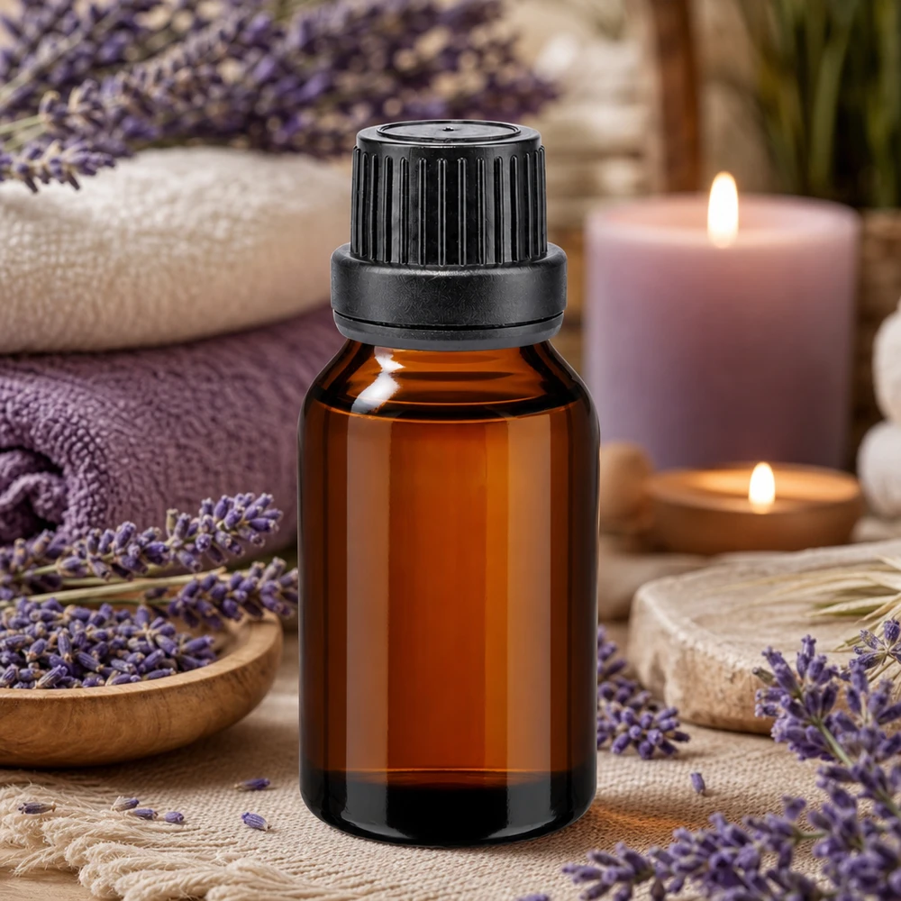 Bruine glazen fles 15ml met zwart druppelsluiting 2mm VR Druppelflesje van 15 ml van bruin glas met zwarte dop voor spa en wellness