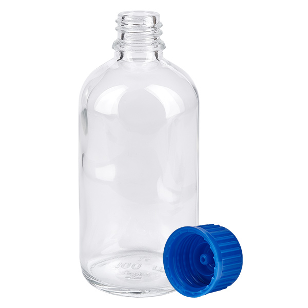 100ml fles 11mm SV blauw STD ClearLine UT18/100 ClearLine UT18 100 ml fles van helder glas met blauwe kindveilige sluiting 11 mm SV
