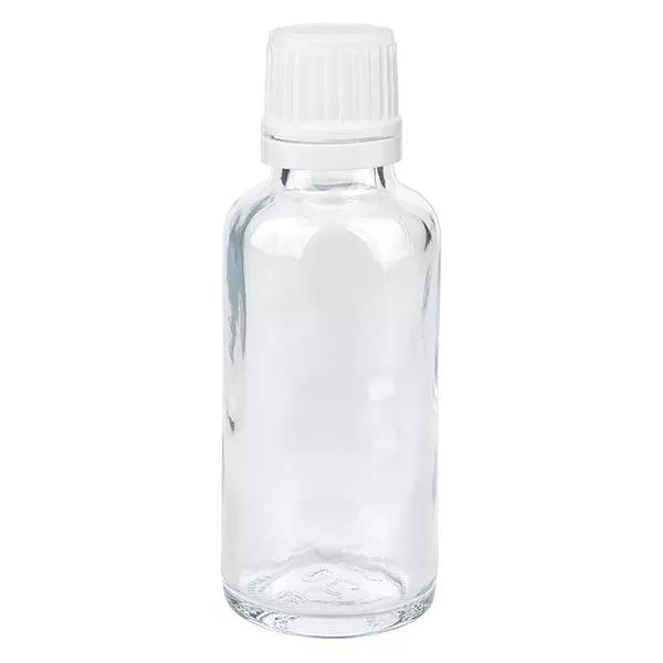Helder glazen flessen 30ml met wit schroefsluiting VR Helder glazen flessen 30ml met wit schroefsluiting VR