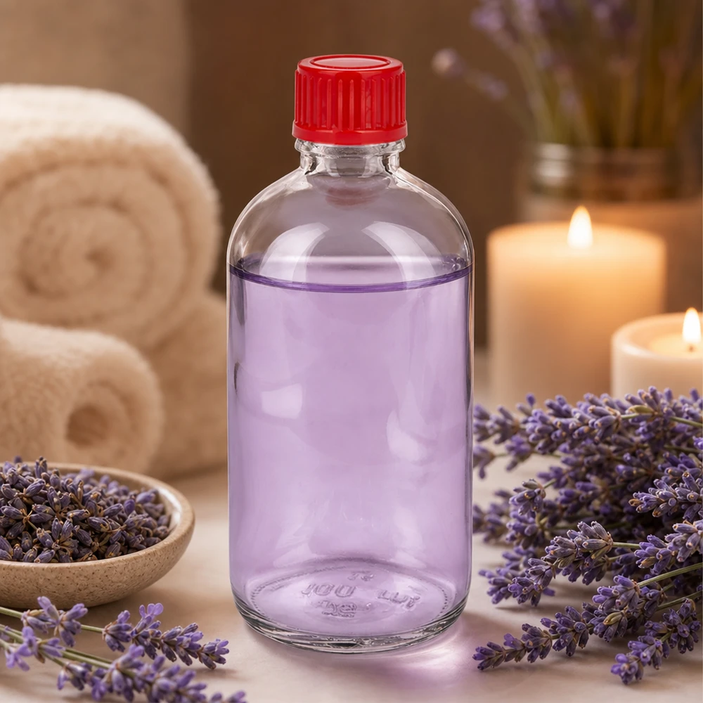 100ml fles 11mm SV rood STD ClearLine UT18/100 100ml Glasflasche UT18/100 roter Kunststoffverschluss 11mm SV gefüllt mit lila ätherischem Öl Lavendel