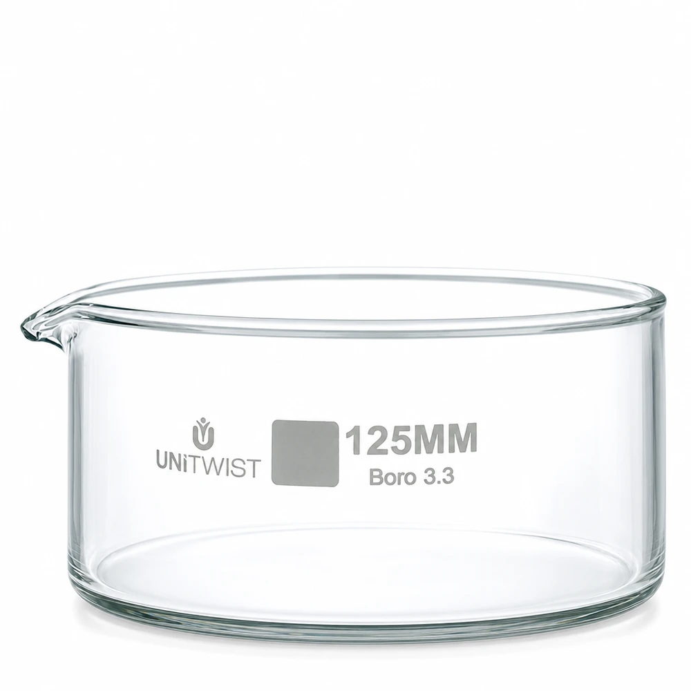 Vlakke, cilindrische laboratoriumschaal van 125 mm met uitgietmond, van helder borosilicaatglas, UNiTWIST